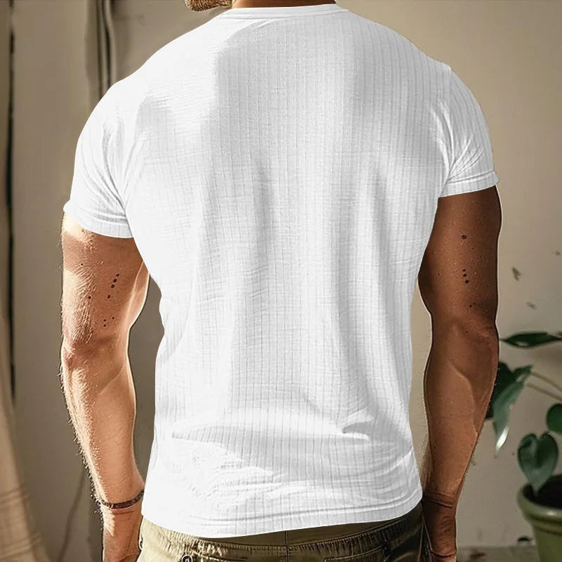 New Mens T-shirt Henley Shirt Slim Fit Round Neck Solid Color Casual Summer Short Sleeved T-shirt for Men