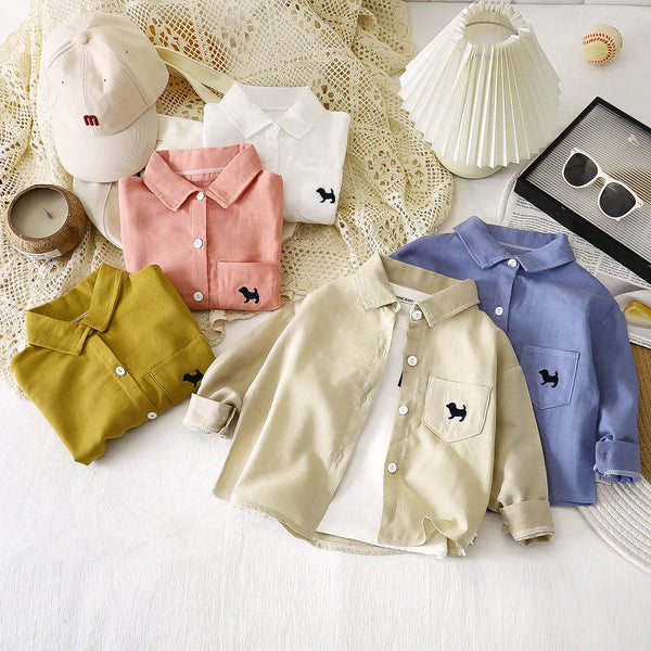 Cotton Button Up Shirt 1-7Y Kids Boy Long Sleeve Blouse Clothes Pure Color Casual Top Versatile Spring Autumn Baby Girls Wear