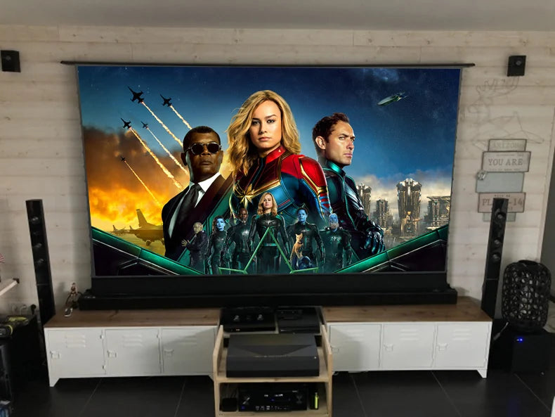 2025 Hot 150 Max Electric Tab Tension Floor Rising ALR Projector Screen Ambient Light Rejecting Motorized for UST Laser TV 3D 8K