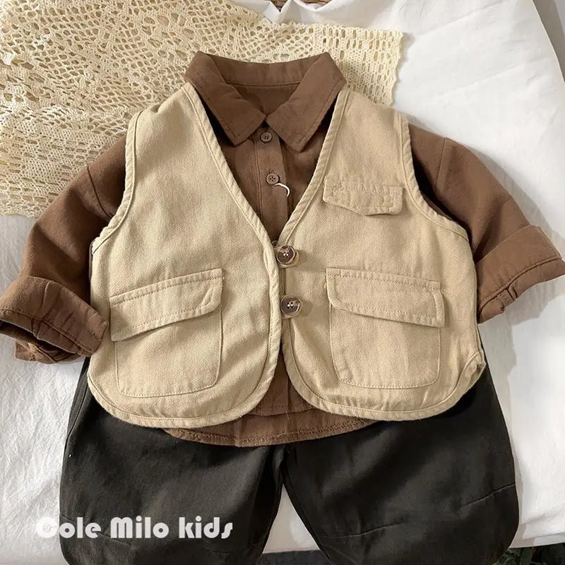 Korean boys' shirt long sleeved spring and autumn 2024 new girls' shirt baby top children's cardigan outdoor wear