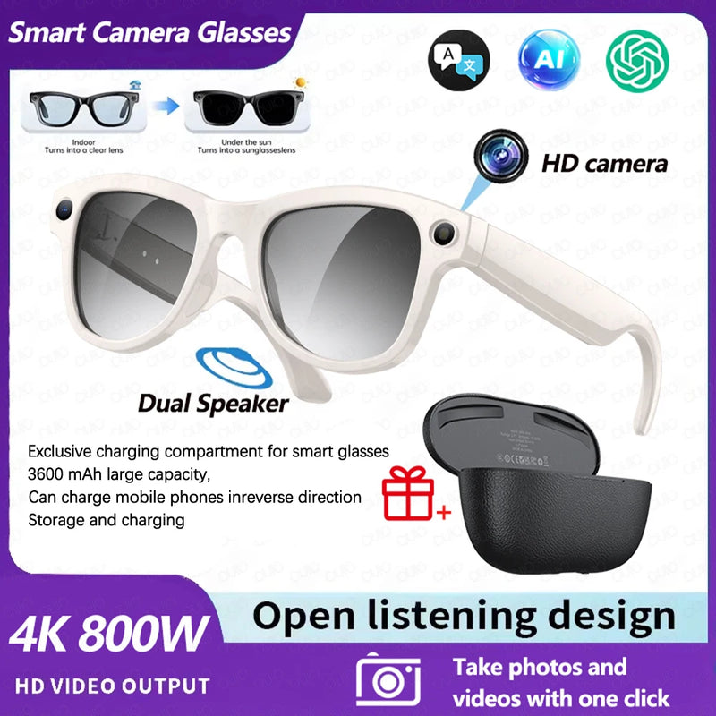 2026 AI Smart Glasses 4K HD Video 800W Camera 32GB WiFi Transfer Bluetooth Call Voice Assistant Chat GPT 3600mAh Charging Case
