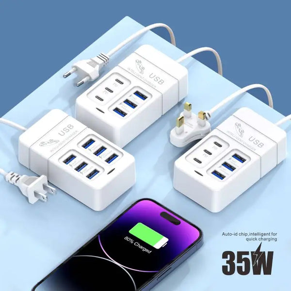 6 IN 1 35W Fast Charging Charger 3 USB 3 Type C Mobile Phone Power Hub Adapter EU/US For Home Office