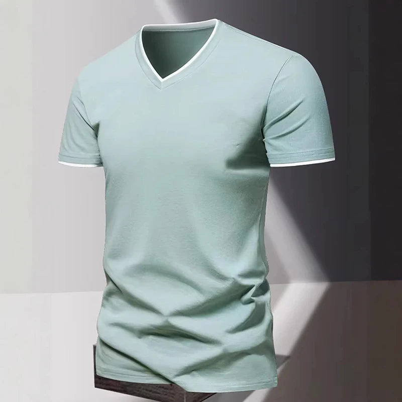 V-neck Short Sleeved Men's T-shirt, Men's Sports and Leisure T-shirt, Trendy and Simple Solid Color Base Shirt
