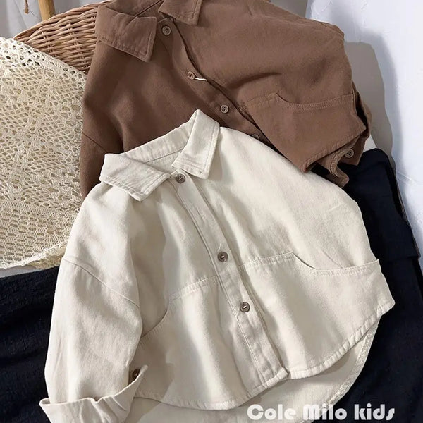 Korean boys' shirt long sleeved spring and autumn 2024 new girls' shirt baby top children's cardigan outdoor wear