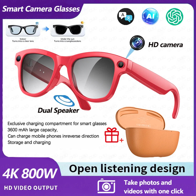 2026 AI Smart Glasses 4K HD Video 800W Camera 32GB WiFi Transfer Bluetooth Call Voice Assistant Chat GPT 3600mAh Charging Case