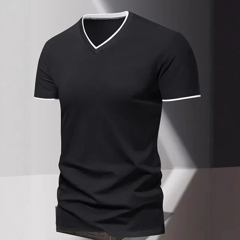 V-neck Short Sleeved Men's T-shirt, Men's Sports and Leisure T-shirt, Trendy and Simple Solid Color Base Shirt