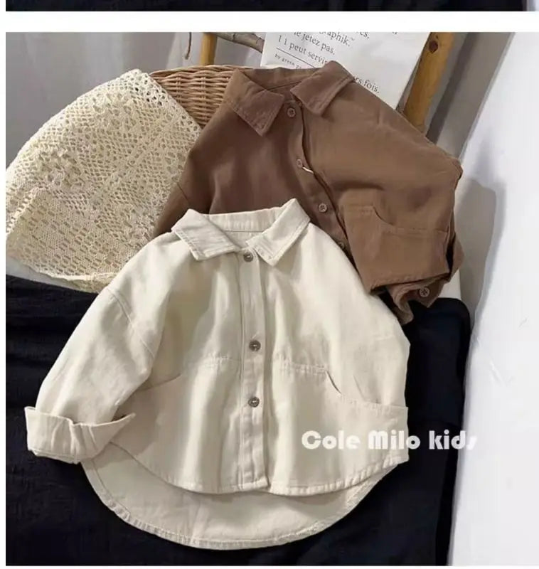 Korean boys' shirt long sleeved spring and autumn 2024 new girls' shirt baby top children's cardigan outdoor wear