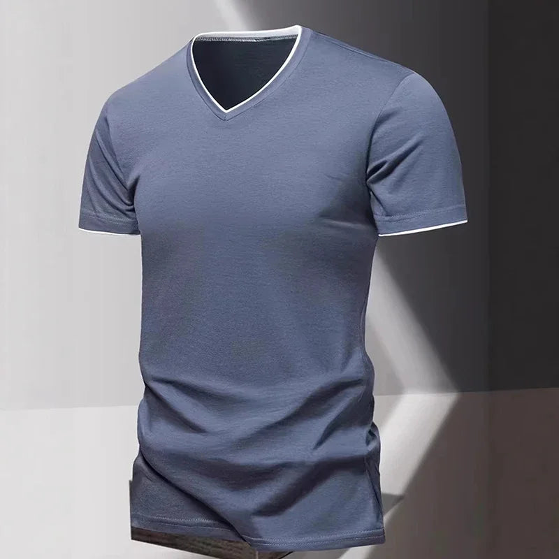 V-neck Short Sleeved Men's T-shirt, Men's Sports and Leisure T-shirt, Trendy and Simple Solid Color Base Shirt