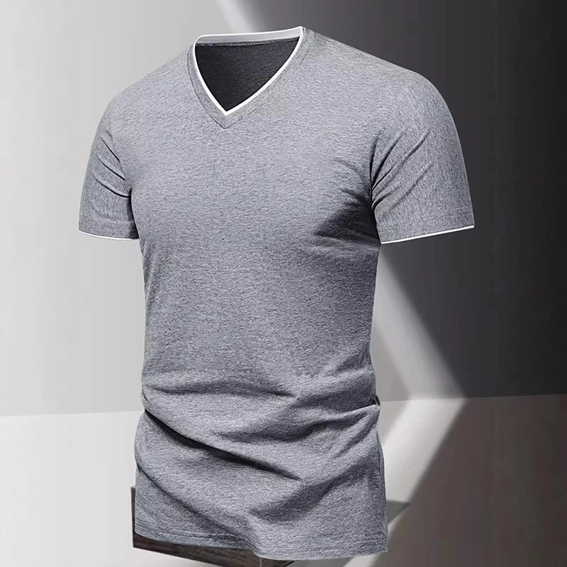 V-neck Short Sleeved Men's T-shirt, Men's Sports and Leisure T-shirt, Trendy and Simple Solid Color Base Shirt