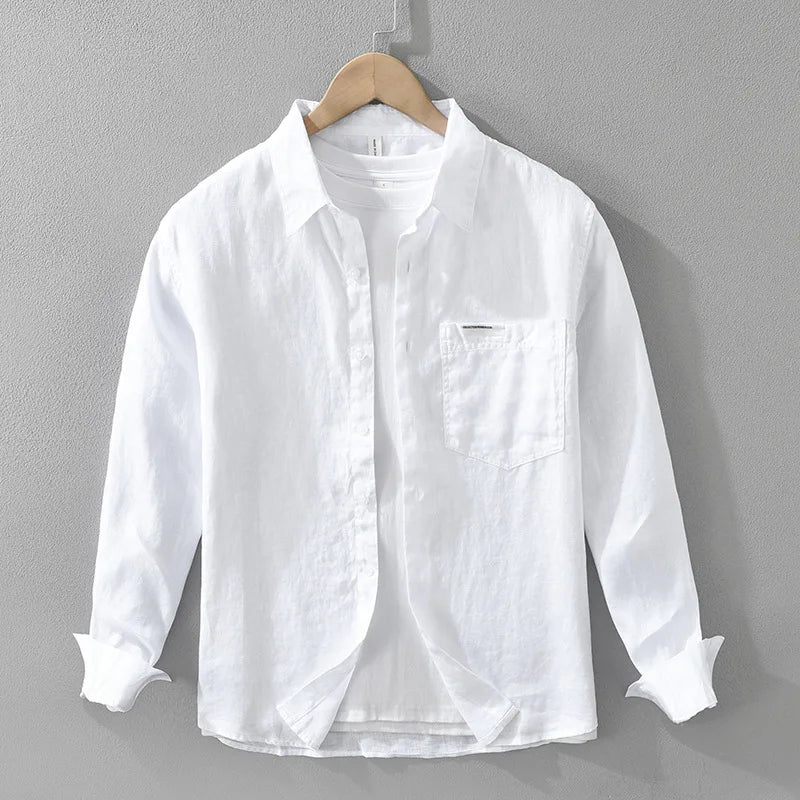 7627 100% Linen White Shirt for Men Spring Summer Fashion Solid Color Long Sleeve Simple Basic Business Casual Lapel Blouse Tops