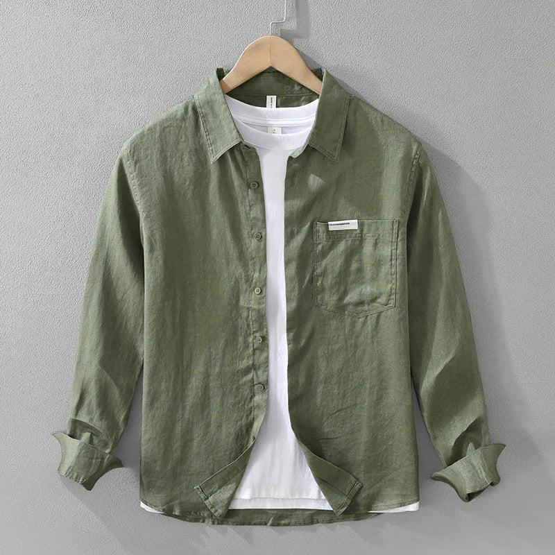 7627 100% Linen White Shirt for Men Spring Summer Fashion Solid Color Long Sleeve Simple Basic Business Casual Lapel Blouse Tops