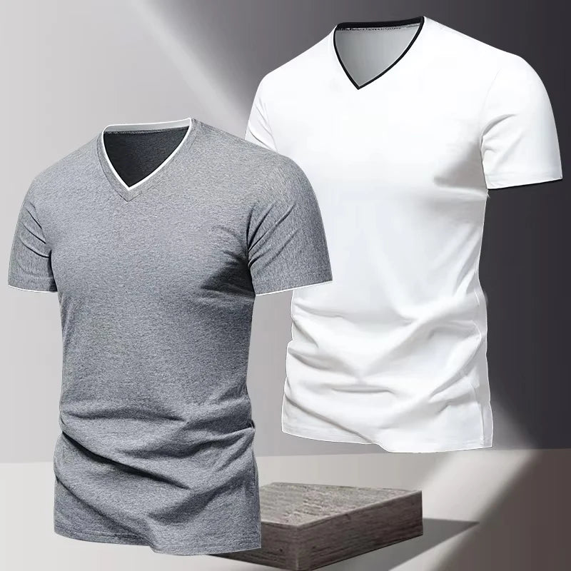 V-neck Short Sleeved Men's T-shirt, Men's Sports and Leisure T-shirt, Trendy and Simple Solid Color Base Shirt