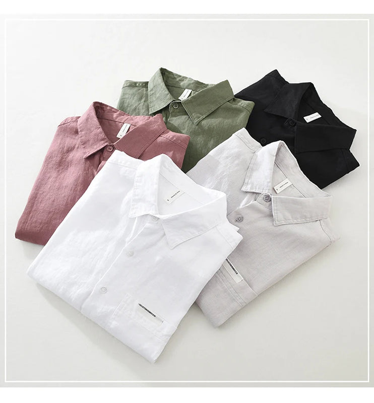 7627 100% Linen White Shirt for Men Spring Summer Fashion Solid Color Long Sleeve Simple Basic Business Casual Lapel Blouse Tops