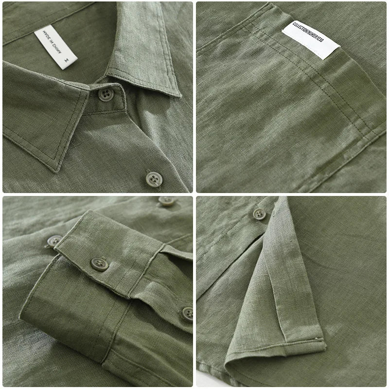 7627 100% Linen White Shirt for Men Spring Summer Fashion Solid Color Long Sleeve Simple Basic Business Casual Lapel Blouse Tops