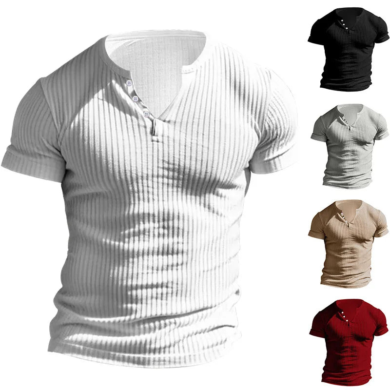 New Mens T-shirt Henley Shirt Slim Fit Round Neck Solid Color Casual Summer Short Sleeved T-shirt for Men
