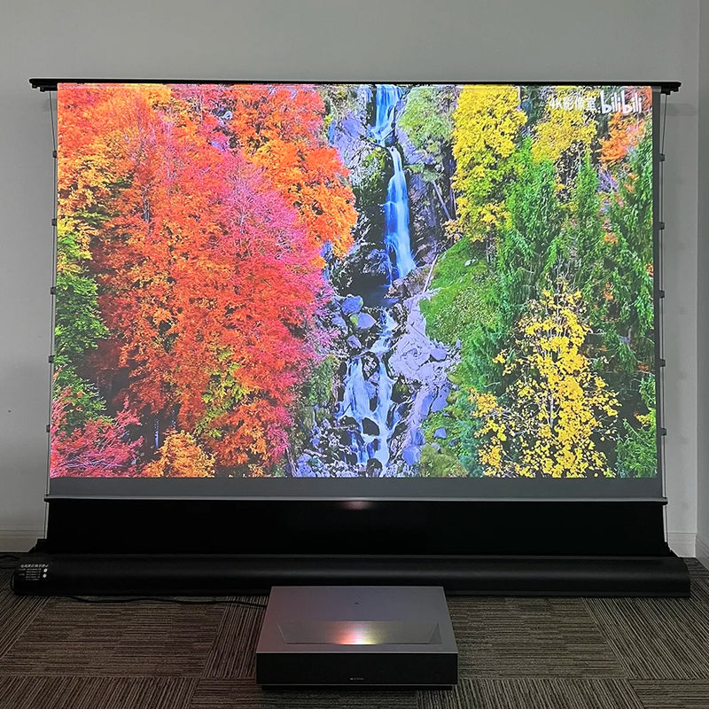 2025 Hot 150 Max Electric Tab Tension Floor Rising ALR Projector Screen Ambient Light Rejecting Motorized for UST Laser TV 3D 8K