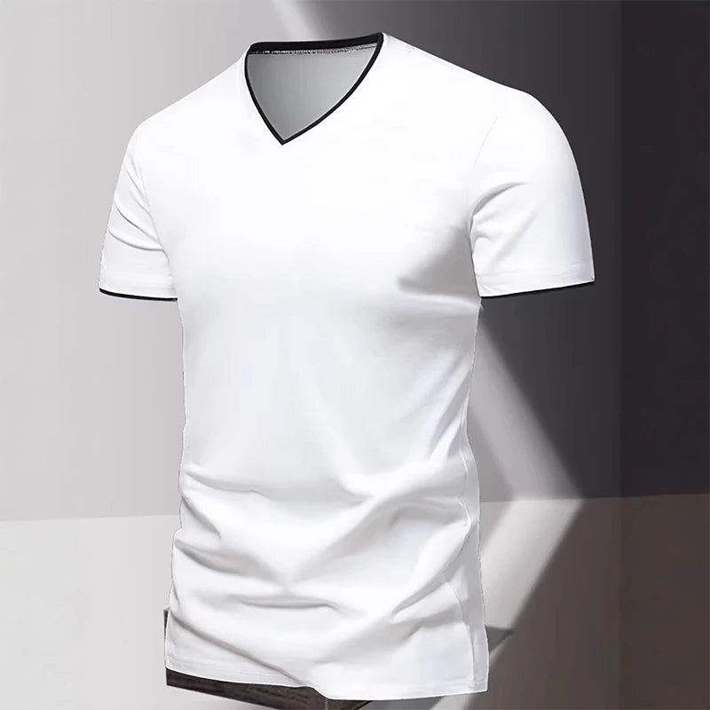 V-neck Short Sleeved Men's T-shirt, Men's Sports and Leisure T-shirt, Trendy and Simple Solid Color Base Shirt