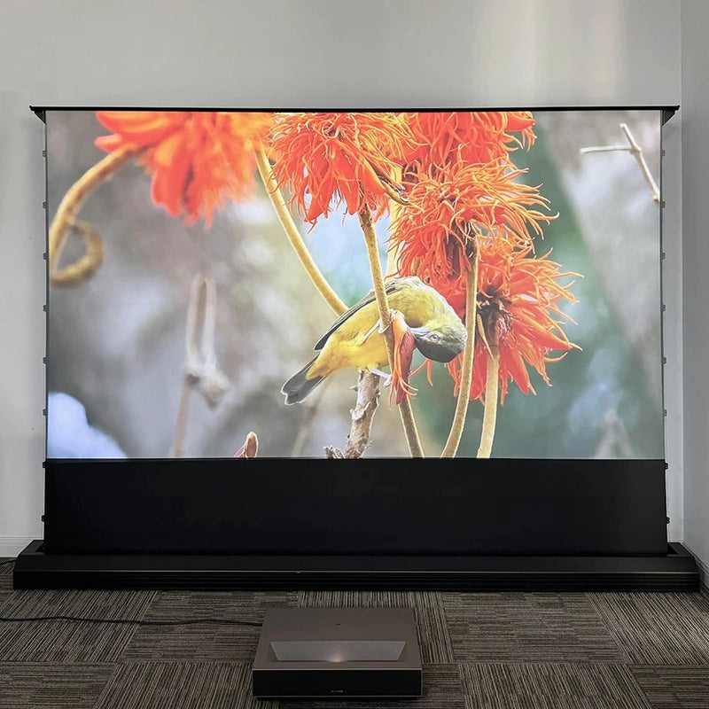2025 Hot 150 Max Electric Tab Tension Floor Rising ALR Projector Screen Ambient Light Rejecting Motorized for UST Laser TV 3D 8K