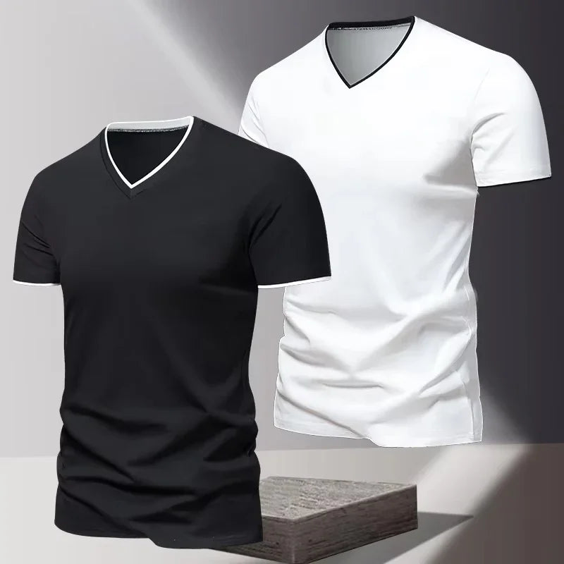 V-neck Short Sleeved Men's T-shirt, Men's Sports and Leisure T-shirt, Trendy and Simple Solid Color Base Shirt