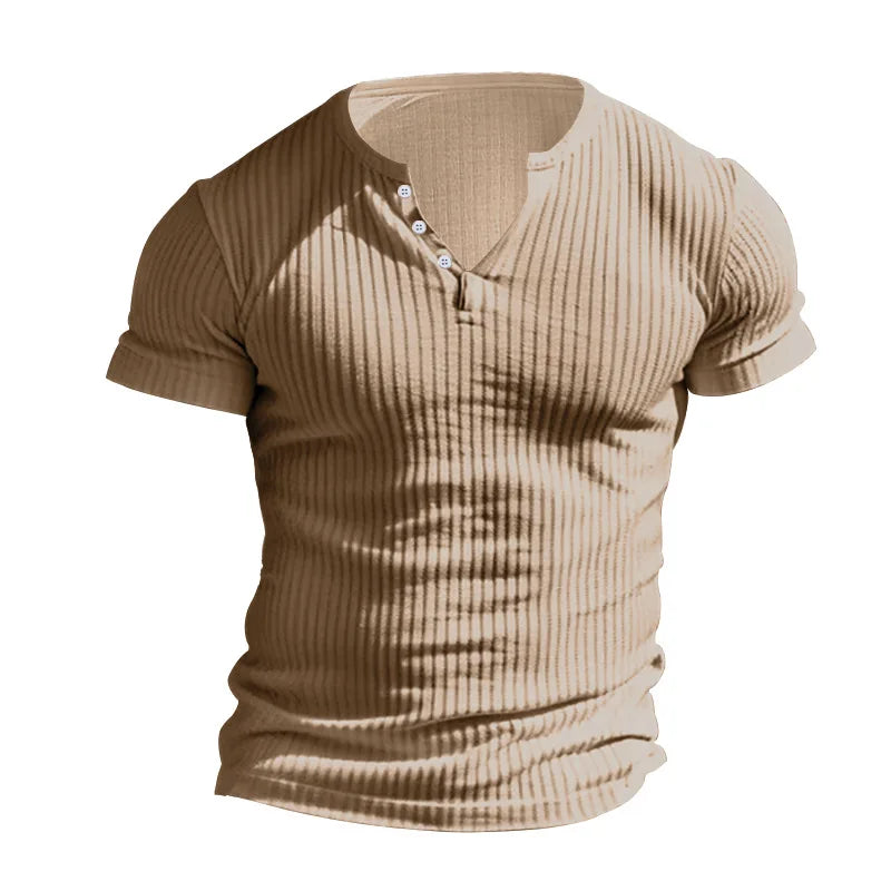 New Mens T-shirt Henley Shirt Slim Fit Round Neck Solid Color Casual Summer Short Sleeved T-shirt for Men