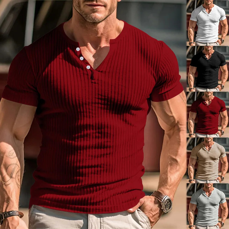 New Mens T-shirt Henley Shirt Slim Fit Round Neck Solid Color Casual Summer Short Sleeved T-shirt for Men