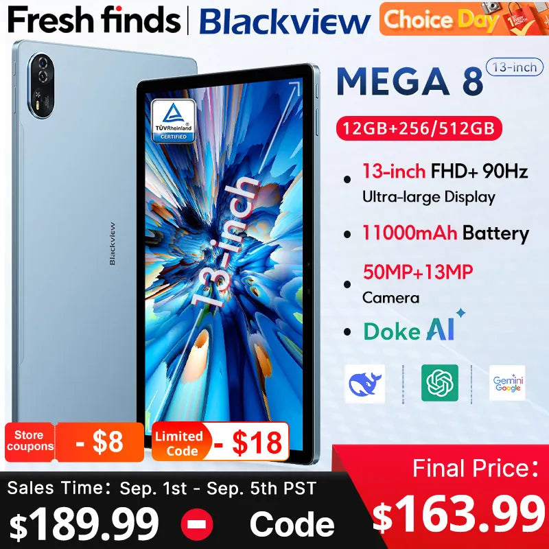 Blackview MEGA 8 Tablet 13 inch FHD+ Display 11000mAh 256GB 512GB AI Android 15 50Mp Camera 4 BOX Speakers 4G Pad PC