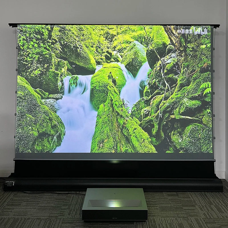 2025 Hot 150 Max Electric Tab Tension Floor Rising ALR Projector Screen Ambient Light Rejecting Motorized for UST Laser TV 3D 8K