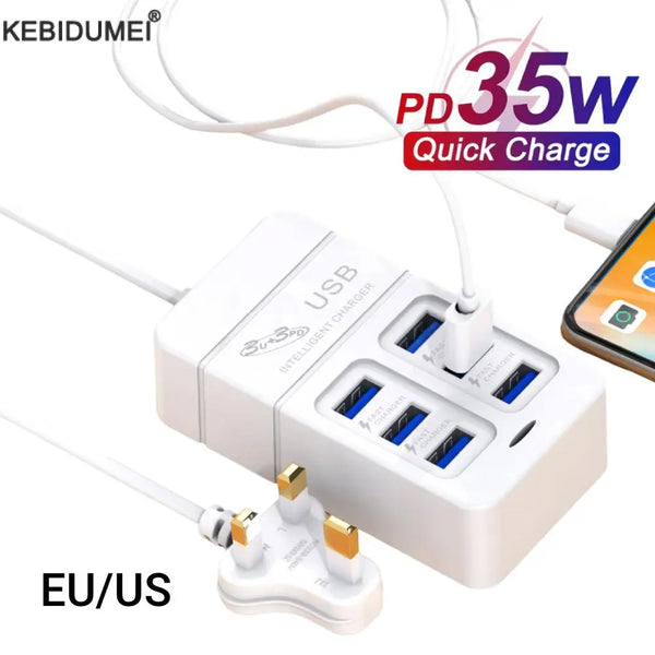 6 IN 1 USB Charger 35W Multiport Fast Charging Mobile Phone Power Charger USB Hub Adapter EU/US Plug USB Type C Quick Charger