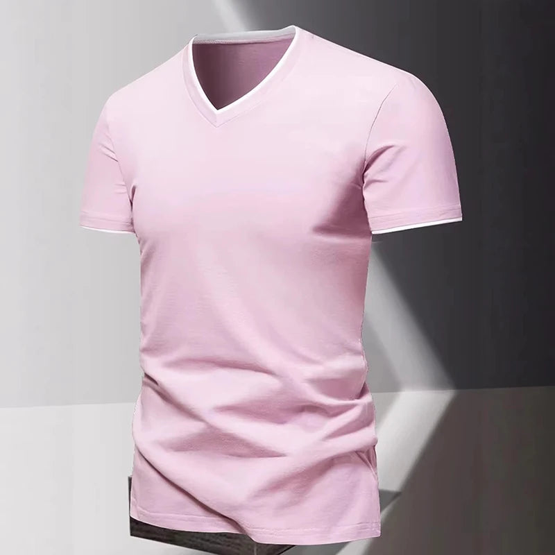 V-neck Short Sleeved Men's T-shirt, Men's Sports and Leisure T-shirt, Trendy and Simple Solid Color Base Shirt