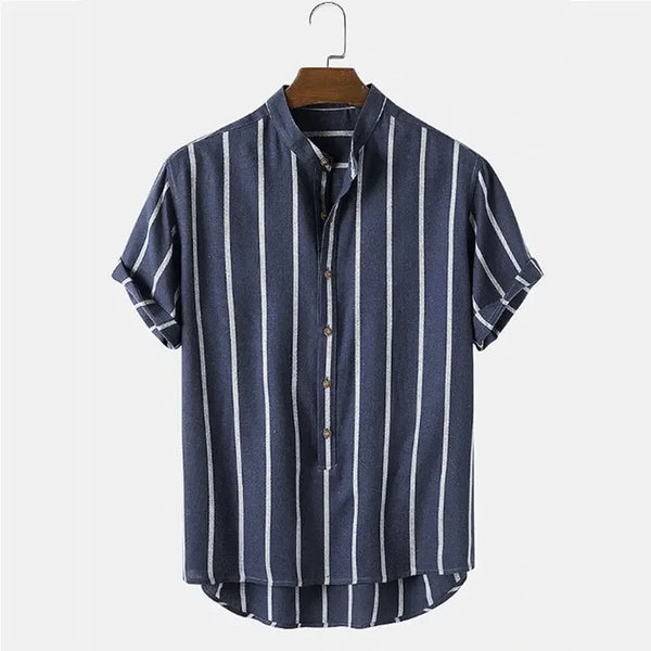 2024 Men's Striped Stand Collar Striped Short Sleeve Shirt  Casual Cotton Linen Button Loose Shirt for Men Summer Fashion S-2XL