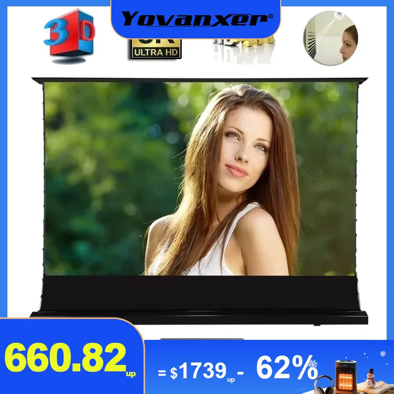 2025 Hot 150 Max Electric Tab Tension Floor Rising ALR Projector Screen Ambient Light Rejecting Motorized for UST Laser TV 3D 8K