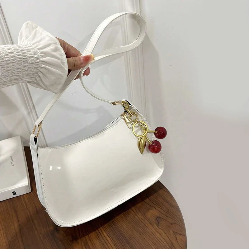Women's PU Leather Handbag Versatile Fashion Solid Color Cherry Pendant Shoulder Bag Casual Commuting Bag Girl Underarm Bag