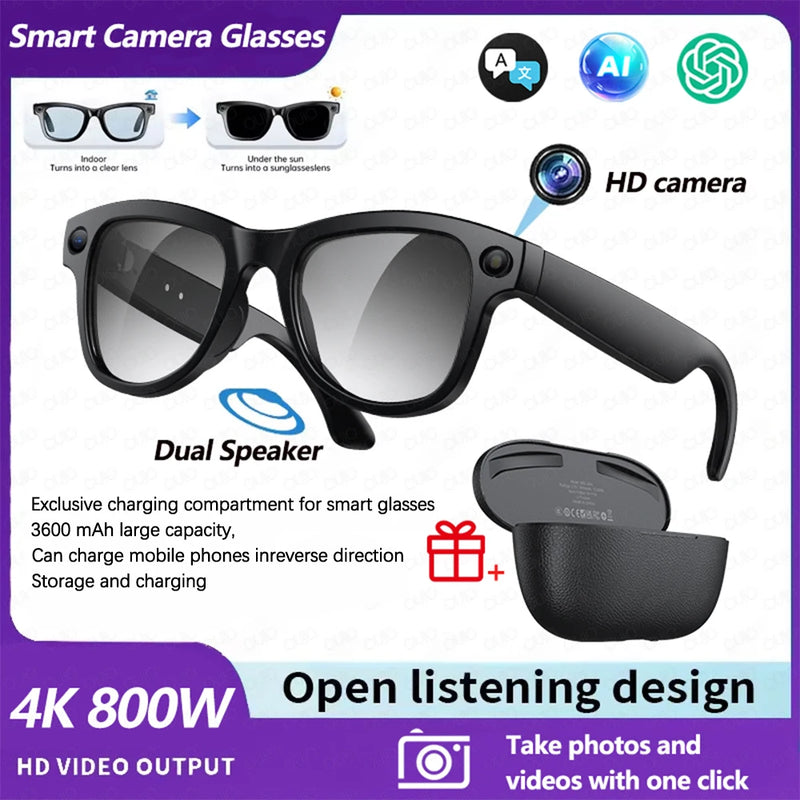 2026 AI Smart Glasses 4K HD Video 800W Camera 32GB WiFi Transfer Bluetooth Call Voice Assistant Chat GPT 3600mAh Charging Case