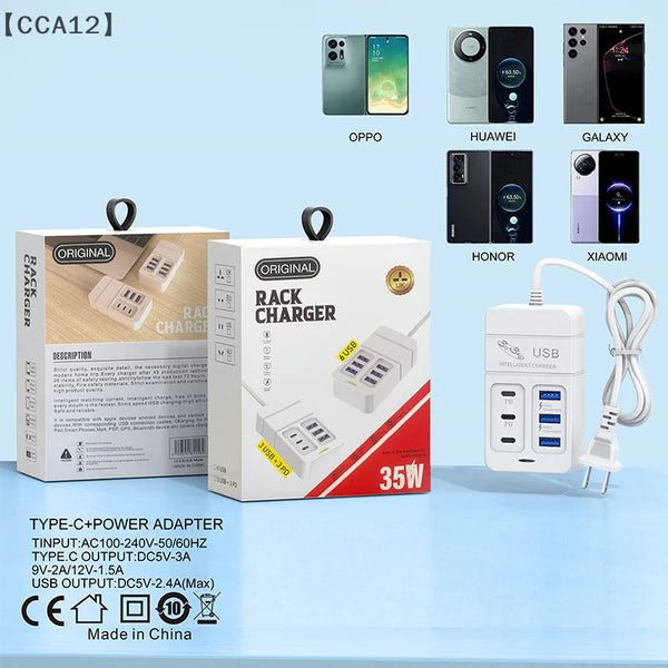 〔CCA12〕6 Ports 35W Fast Charging Charger 3 USB 3 Type C Desktop Multifunction Power Charger Adapter ForOffice School Travel