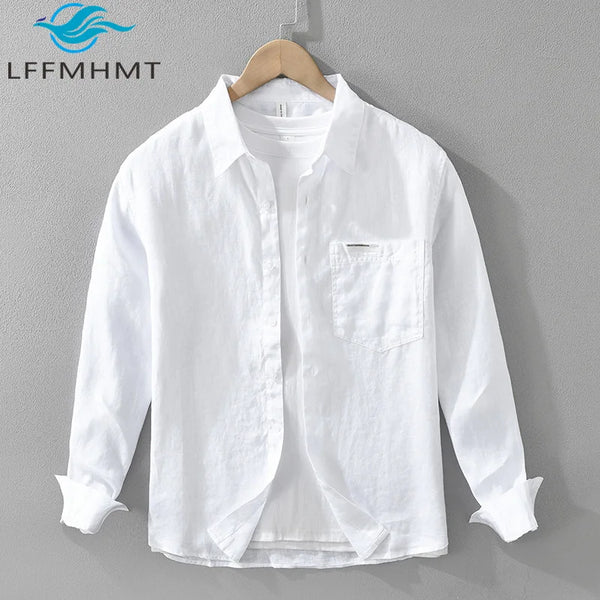 7627 100% Linen White Shirt for Men Spring Summer Fashion Solid Color Long Sleeve Simple Basic Business Casual Lapel Blouse Tops