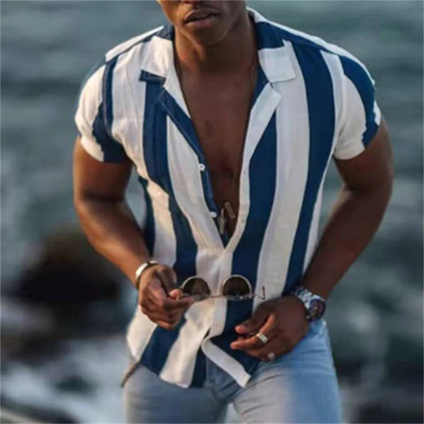 Men's spring and summer leisure fashion lapel short sleeve cardigan personalized striped printed shirt