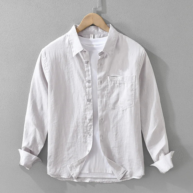 7627 100% Linen White Shirt for Men Spring Summer Fashion Solid Color Long Sleeve Simple Basic Business Casual Lapel Blouse Tops