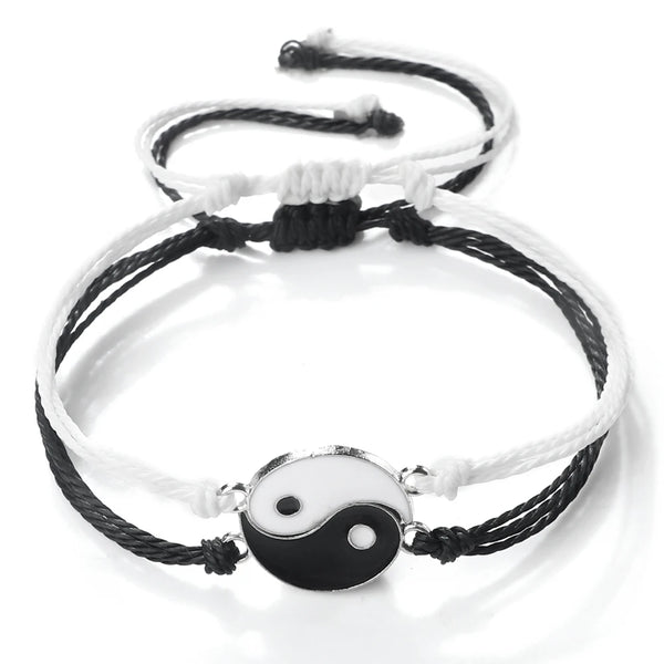 2Pcs/Set Black White Yin Yang Couple Bracelets Men Women Tai Chi Pendant Braided Rope Matching Bracelet for Best Friends Jewelry