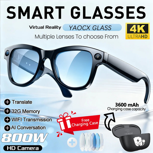 2026 AI Smart Glasses 4K HD Video 800W Camera 32GB WiFi Transfer Bluetooth Call Voice Assistant Chat GPT 3600mAh Charging Case