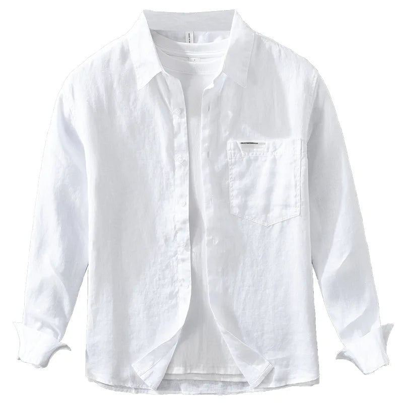 7627 100% Linen White Shirt for Men Spring Summer Fashion Solid Color Long Sleeve Simple Basic Business Casual Lapel Blouse Tops
