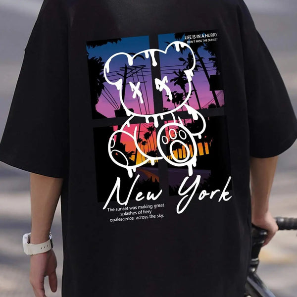 New York Art Word Cartoon Bear Sunset Scenery Design T Shirts Men Fashion Cotton Shirt Loose Summer T Shirts Oversized Tee