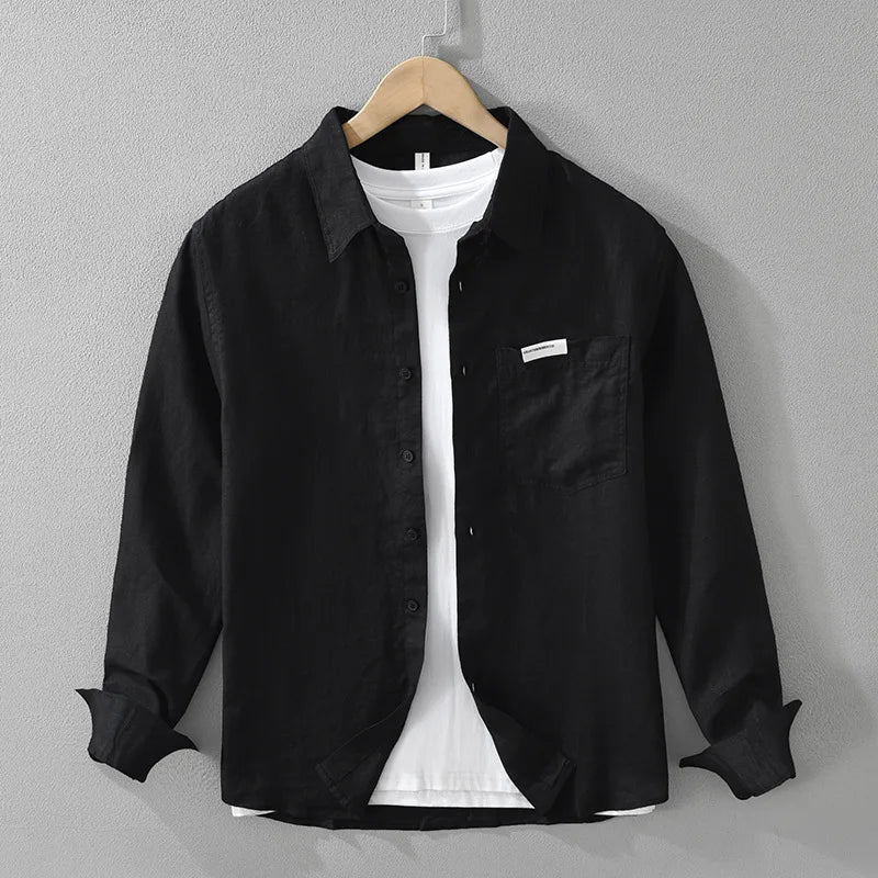 7627 100% Linen White Shirt for Men Spring Summer Fashion Solid Color Long Sleeve Simple Basic Business Casual Lapel Blouse Tops