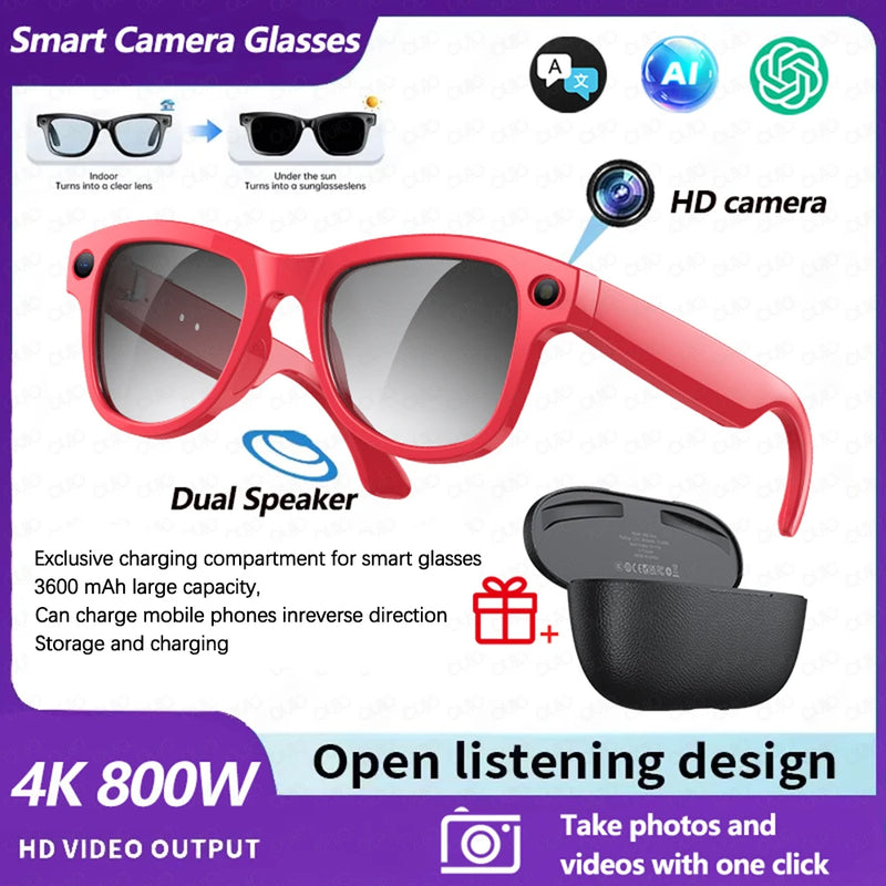 2026 AI Smart Glasses 4K HD Video 800W Camera 32GB WiFi Transfer Bluetooth Call Voice Assistant Chat GPT 3600mAh Charging Case