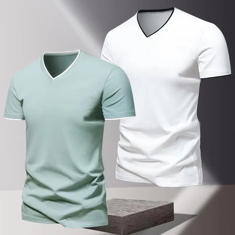 V-neck Short Sleeved Men's T-shirt, Men's Sports and Leisure T-shirt, Trendy and Simple Solid Color Base Shirt