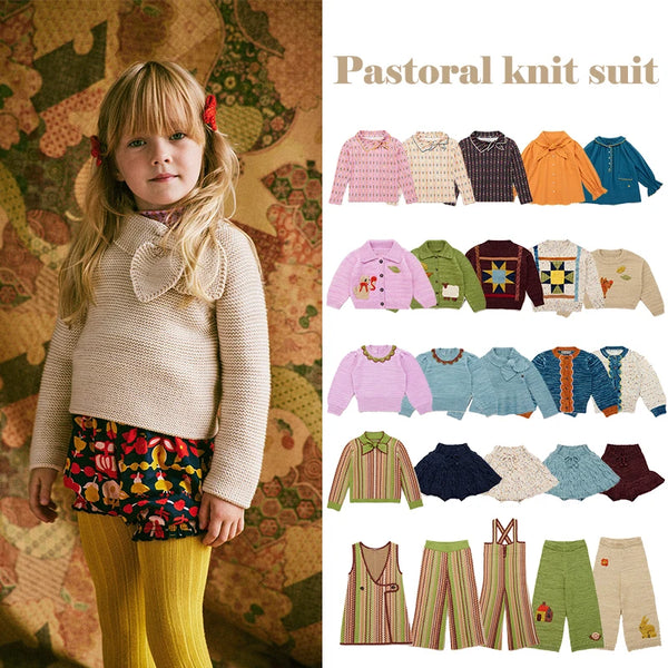 Children's sweater 2024 Autumn/Winter MP Retro style girls Heavy embroidery knitted cardigan section dyed half skirt pantsuit