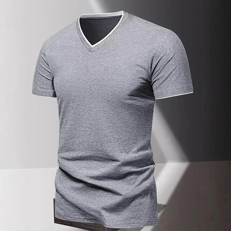 V-neck Short Sleeved Men's T-shirt, Men's Sports and Leisure T-shirt, Trendy and Simple Solid Color Base Shirt