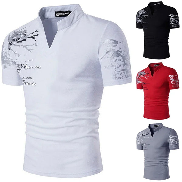 100% Polyester Summer Men Short Sleeve V Collar T Shirt Letter Print Men Casual Tops