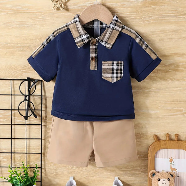 2-Piece Baby Boy Summer School Plaid Collared Short Sleeve Top + Casual Shorts New Fashion Casual Comfort Sports Suit