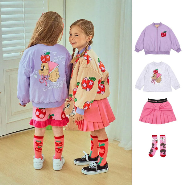 2025BE New Autumn Winter Korean Children's Outwear Double Wear Jackets Baby Girls Cartoon Sweatshirts Skirts Set Clothings KADS