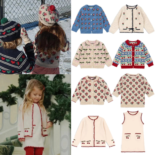 New 2025 KS Children Clothes Suit Girls Embroidery Cardigan Sweater Dress Baby Girl Fashion Knit Tops Set Kid Sweatshirt Outwear